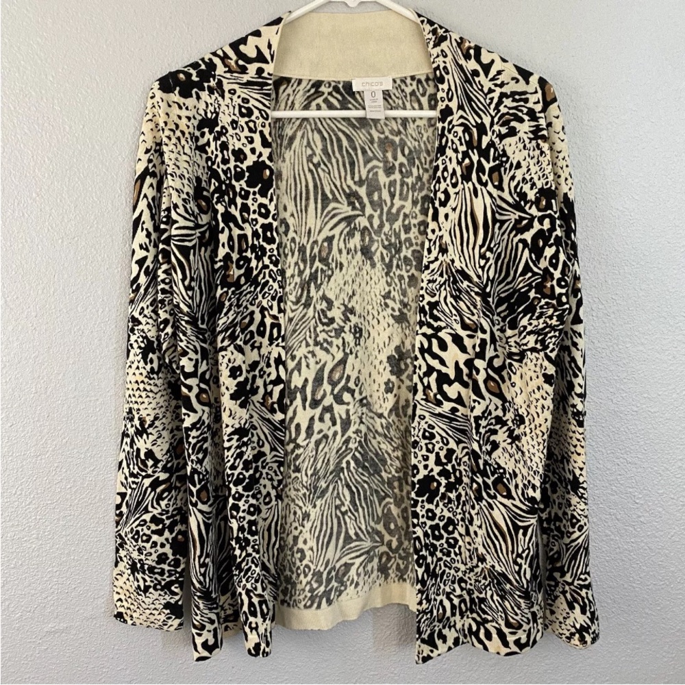 Chico's Leopard Print Open Front Cardigan Sweater Cotton Blend Sz 0 Small
